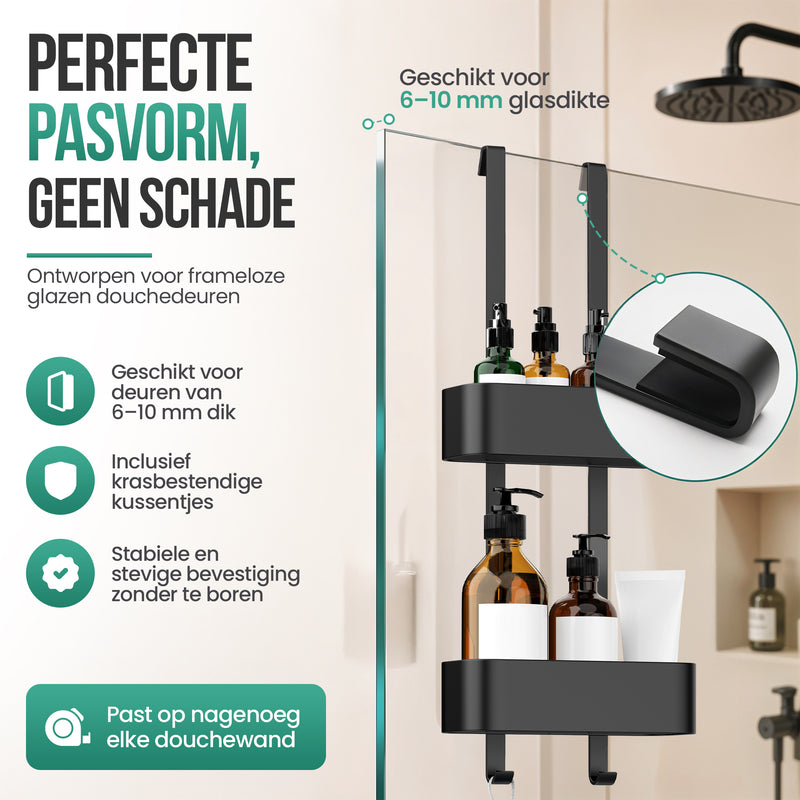 Avalo Doucherek Hangend Zwart - Opbergrek Badkamer - Doucherekje Zonder Boren - Met Ophanghaken - Voor Douchedeur - Douchecaddy
