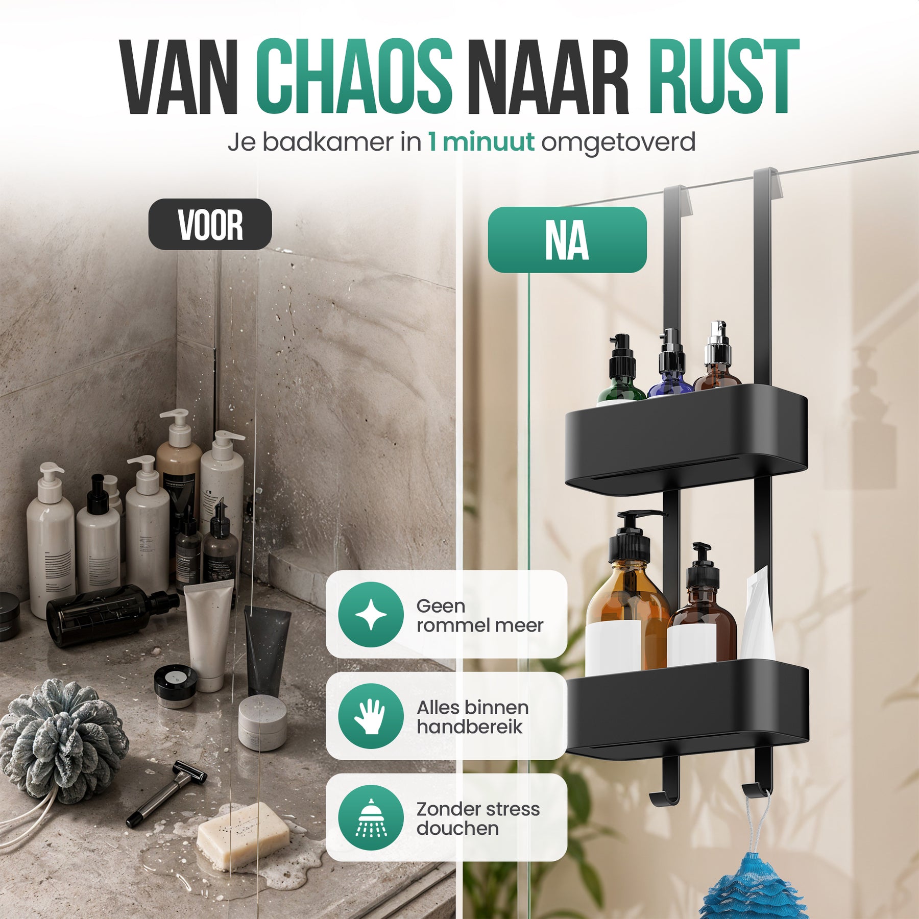 Avalo Doucherek Hangend Zwart - Opbergrek Badkamer - Doucherekje Zonder Boren - Met Ophanghaken - Voor Douchedeur - Douchecaddy