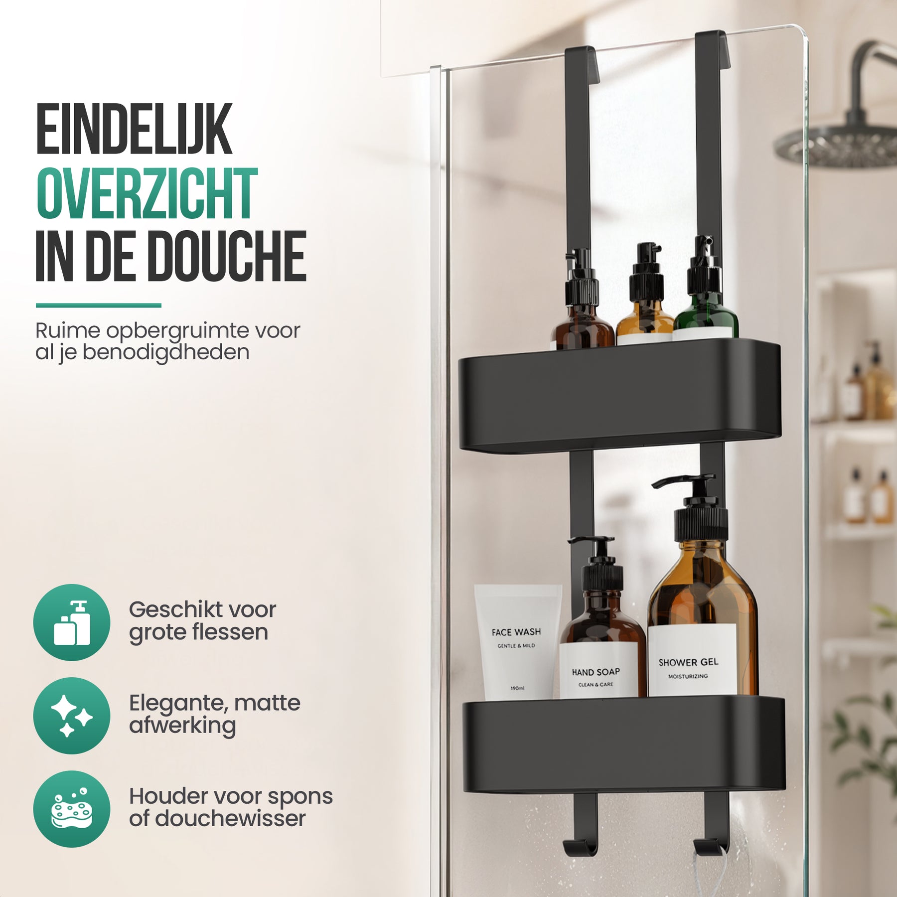 Avalo Doucherek Hangend Zwart - Opbergrek Badkamer - Doucherekje Zonder Boren - Met Ophanghaken - Voor Douchedeur - Douchecaddy