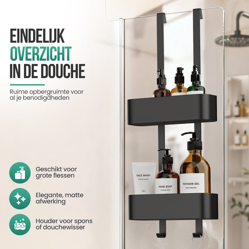 Avalo Doucherek Hangend Zwart - Opbergrek Badkamer - Doucherekje Zonder Boren - Met Ophanghaken - Voor Douchedeur - Douchecaddy