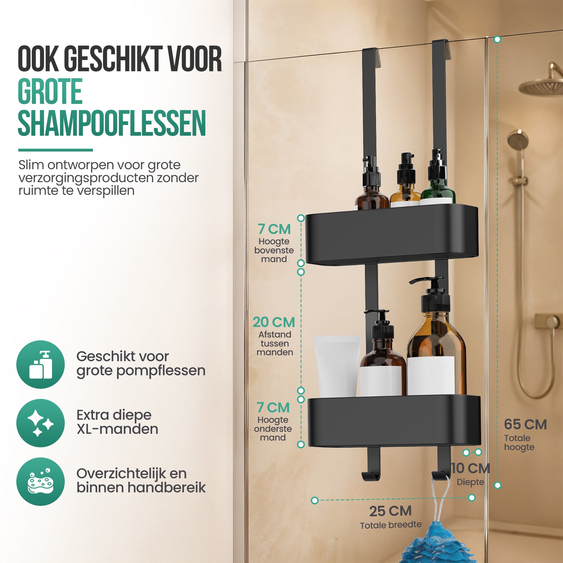 Avalo Doucherek Hangend Zwart - Opbergrek Badkamer - Doucherekje Zonder Boren - Met Ophanghaken - Voor Douchedeur - Douchecaddy