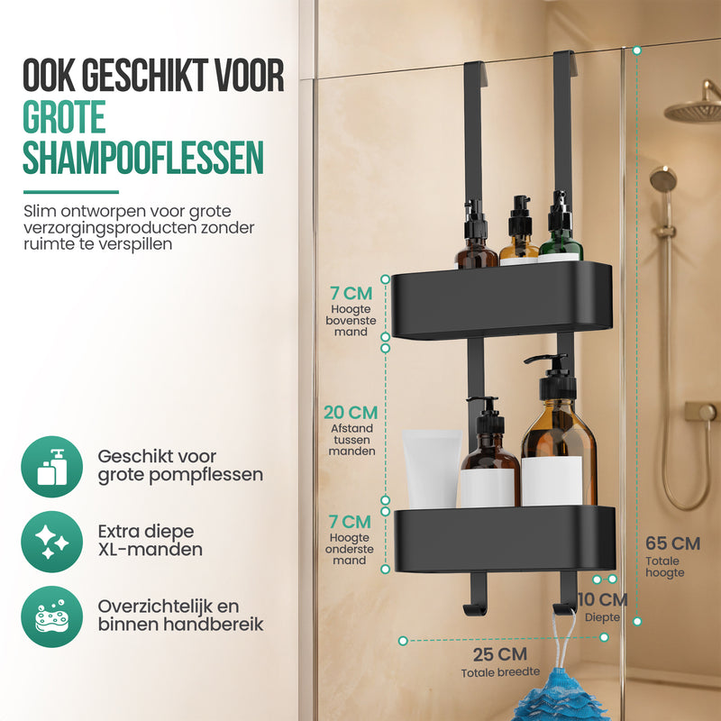 Avalo Doucherek Hangend Zwart - Opbergrek Badkamer - Doucherekje Zonder Boren - Met Ophanghaken - Voor Douchedeur - Douchecaddy
