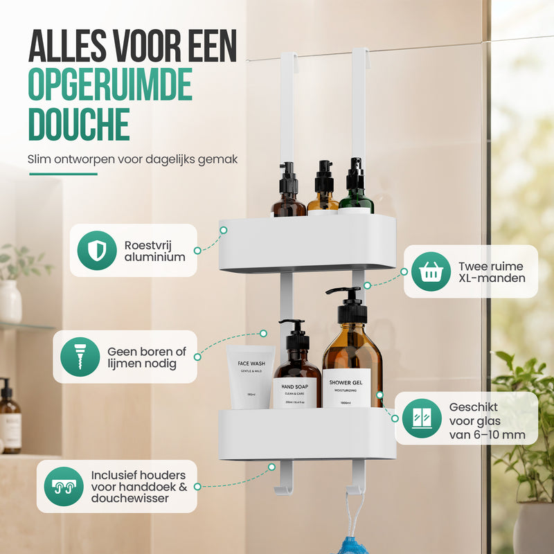 Avalo Doucherek Hangend Wit - Opbergrek Badkamer - Doucherekje Zonder Boren - Met Ophanghaken - Voor Douchedeur - Douchecaddy