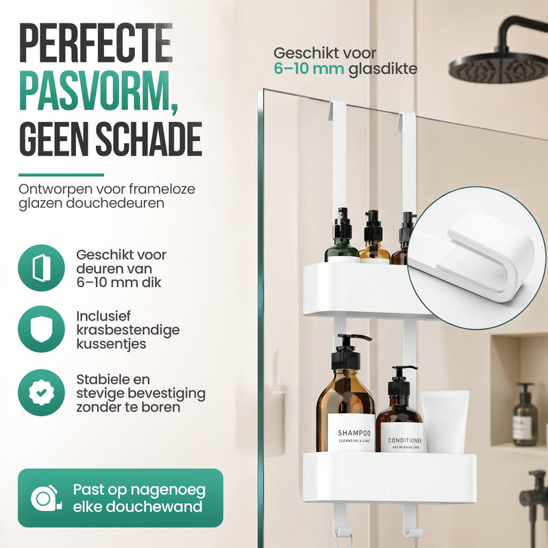 Avalo Doucherek Hangend Wit - Opbergrek Badkamer - Doucherekje Zonder Boren - Met Ophanghaken - Voor Douchedeur - Douchecaddy