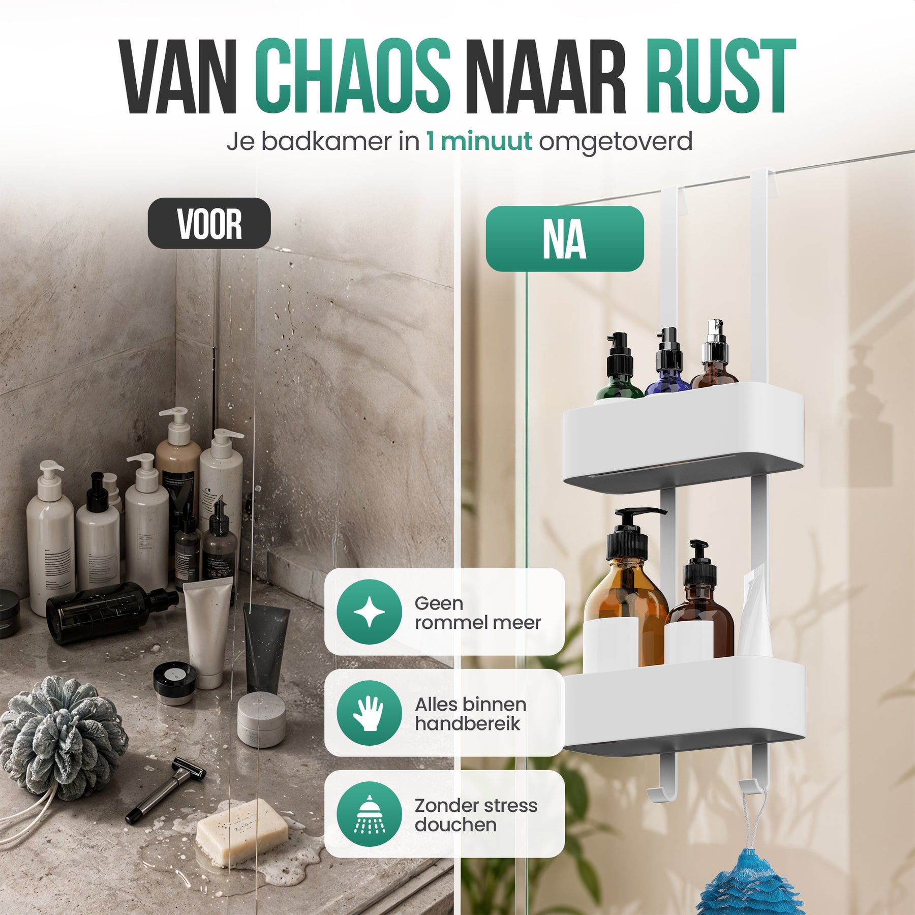 Avalo Doucherek Hangend Wit - Opbergrek Badkamer - Doucherekje Zonder Boren - Met Ophanghaken - Voor Douchedeur - Douchecaddy
