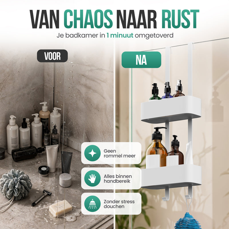 Avalo Doucherek Hangend Wit - Opbergrek Badkamer - Doucherekje Zonder Boren - Met Ophanghaken - Voor Douchedeur - Douchecaddy