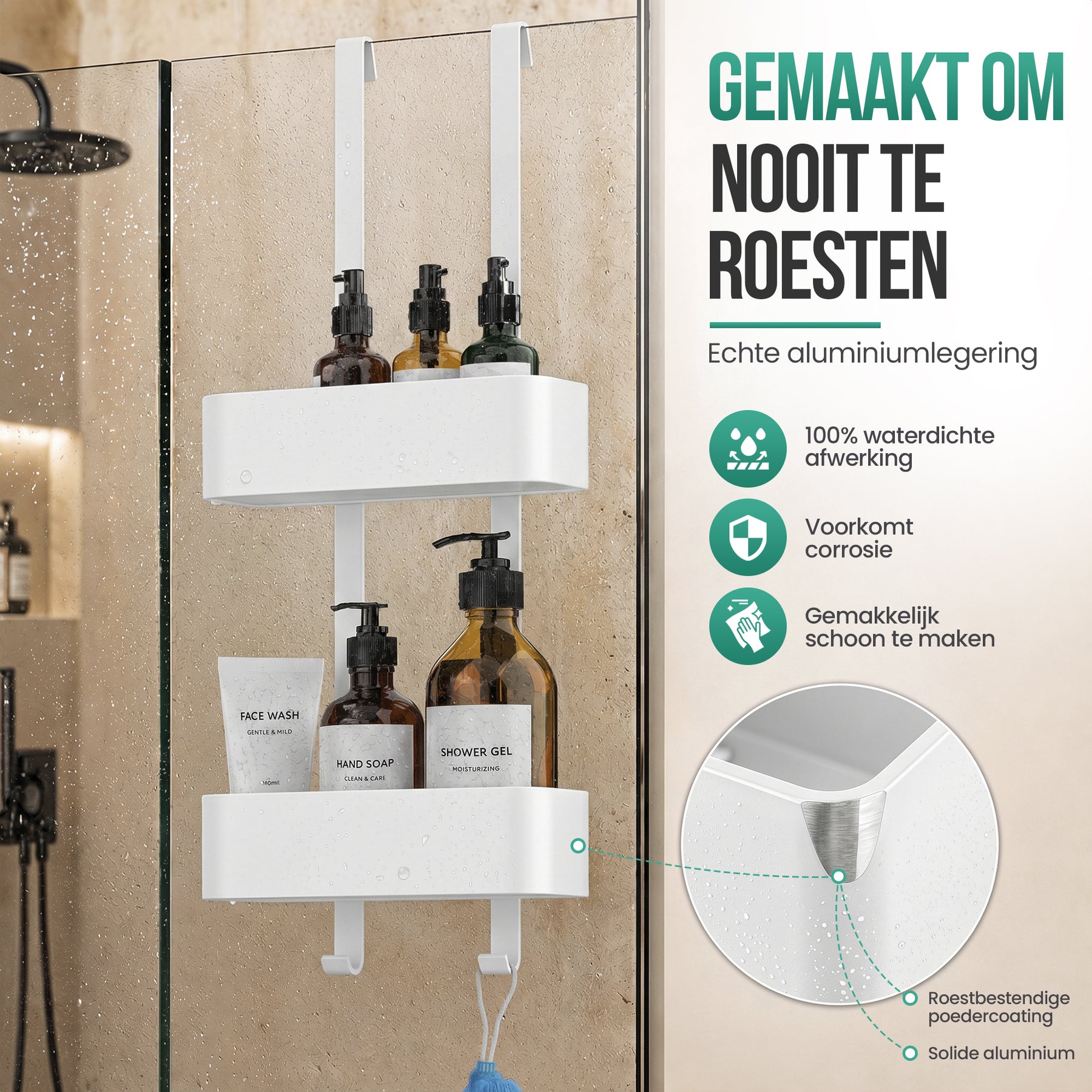 Avalo Doucherek Hangend Wit - Opbergrek Badkamer - Doucherekje Zonder Boren - Met Ophanghaken - Voor Douchedeur - Douchecaddy