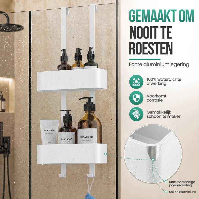 Avalo Doucherek Hangend Wit - Opbergrek Badkamer - Doucherekje Zonder Boren - Met Ophanghaken - Voor Douchedeur - Douchecaddy