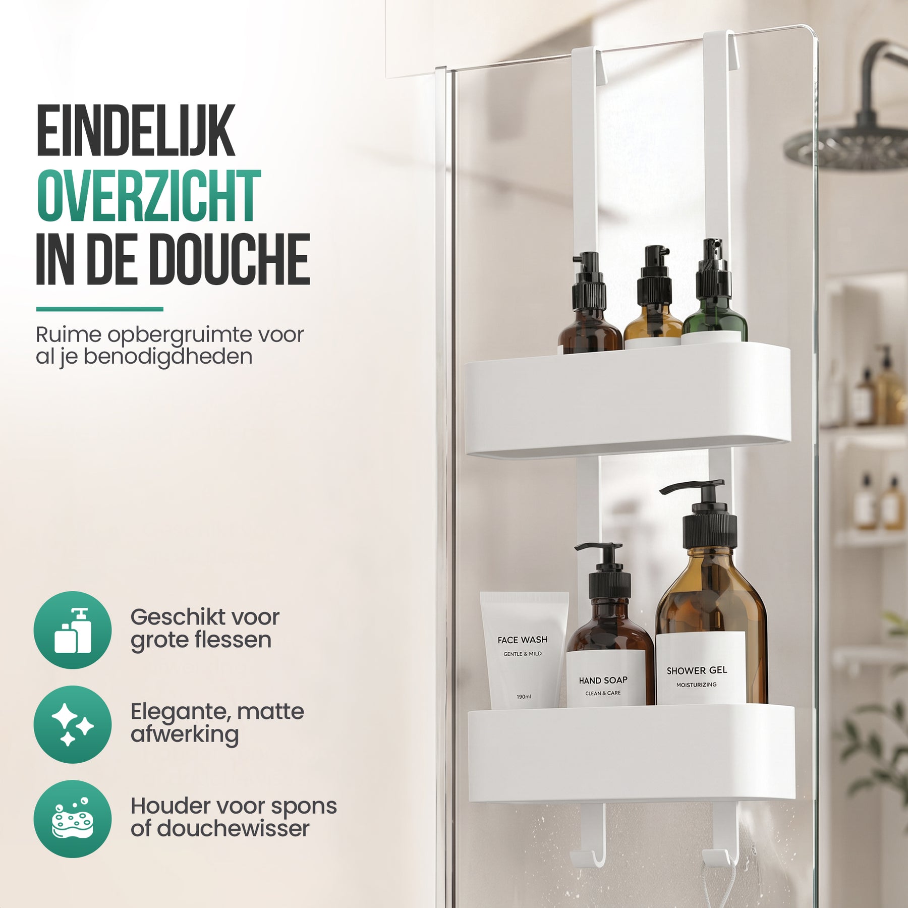 Avalo Doucherek Hangend Wit - Opbergrek Badkamer - Doucherekje Zonder Boren - Met Ophanghaken - Voor Douchedeur - Douchecaddy