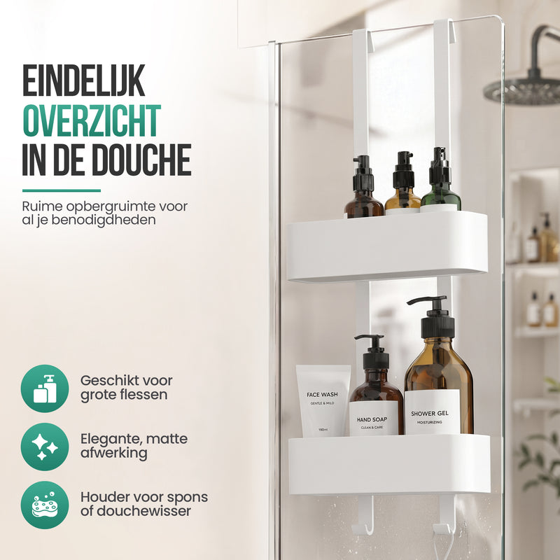 Avalo Doucherek Hangend Wit - Opbergrek Badkamer - Doucherekje Zonder Boren - Met Ophanghaken - Voor Douchedeur - Douchecaddy