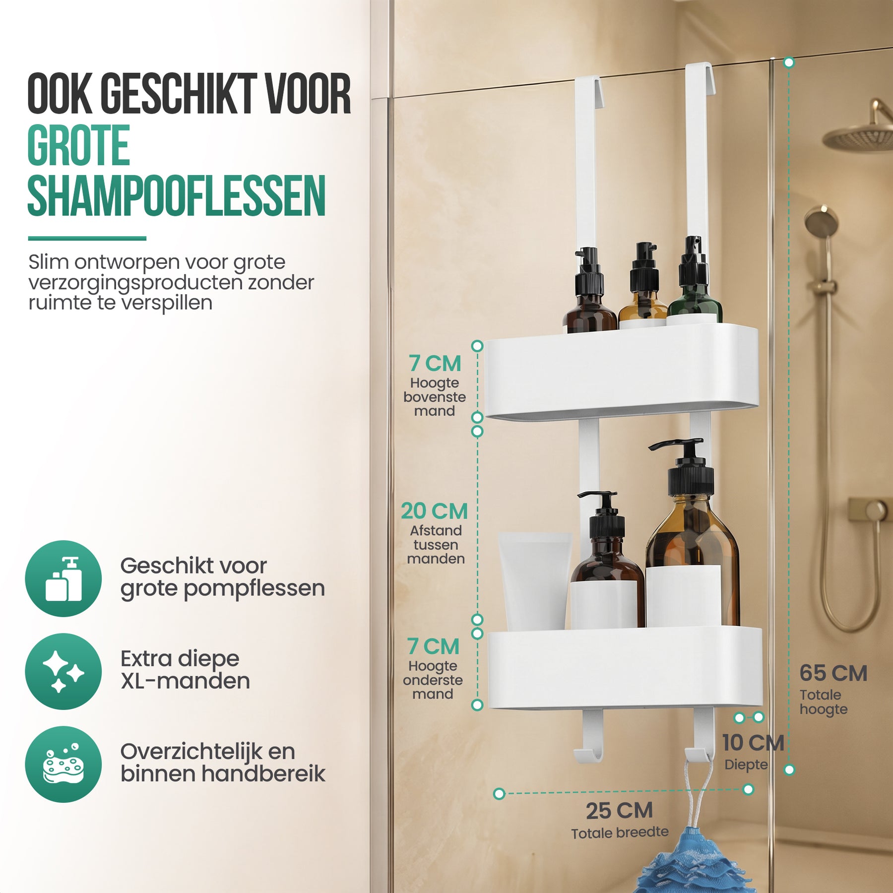 Avalo Doucherek Hangend Wit - Opbergrek Badkamer - Doucherekje Zonder Boren - Met Ophanghaken - Voor Douchedeur - Douchecaddy