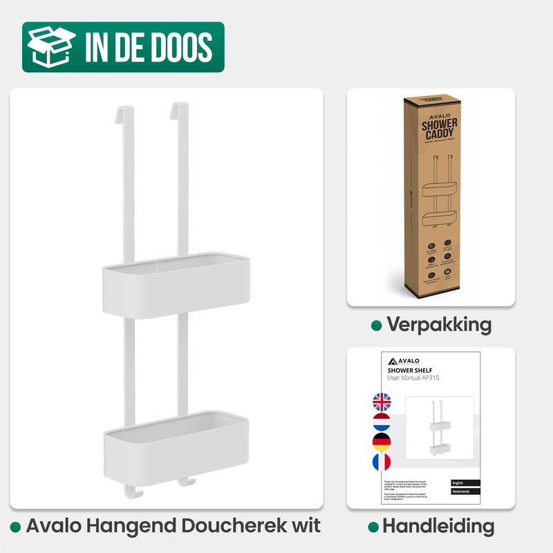Avalo Doucherek Hangend Wit - Opbergrek Badkamer - Doucherekje Zonder Boren - Met Ophanghaken - Voor Douchedeur - Douchecaddy