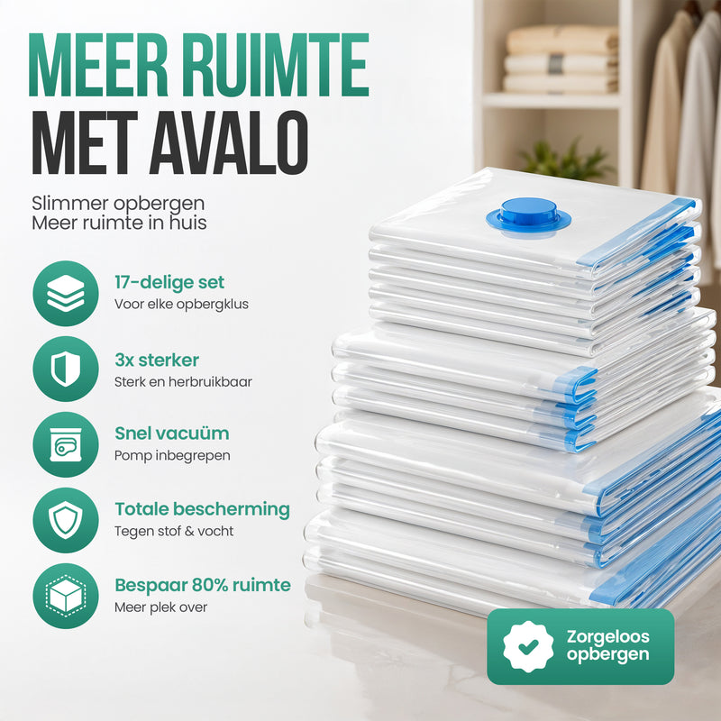 Avalo Vacuumzakken Kleding en Dekbedden - 17 Delig - 5 Maten - Handpomp - Vacumeerzakken - Koffer - Geschikt voor Stofzuiger - Opbergzakken - Beddengoed
