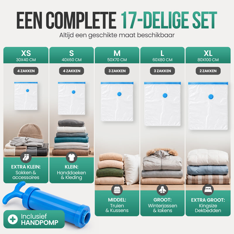 Avalo Vacuumzakken Kleding en Dekbedden - 17 Delig - 5 Maten - Handpomp - Vacumeerzakken - Koffer - Geschikt voor Stofzuiger - Opbergzakken - Beddengoed