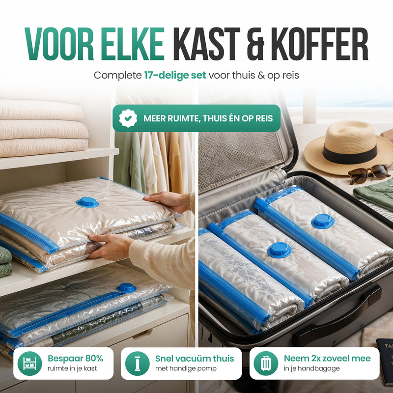 Avalo Vacuumzakken Kleding en Dekbedden - 17 Delig - 5 Maten - Handpomp - Vacumeerzakken - Koffer - Geschikt voor Stofzuiger - Opbergzakken - Beddengoed