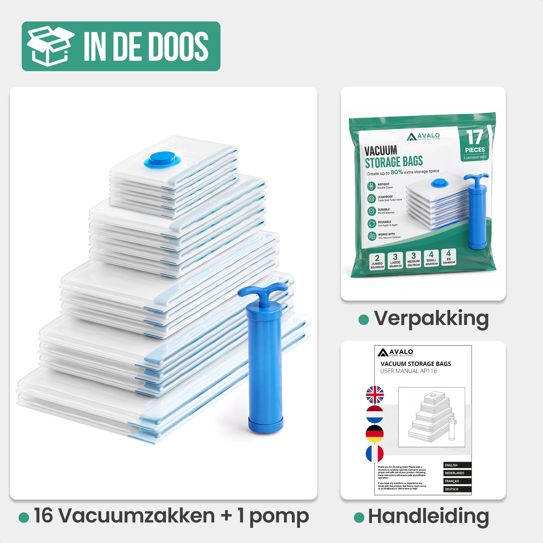 Avalo Vacuumzakken Kleding en Dekbedden - 17 Delig - 5 Maten - Handpomp - Vacumeerzakken - Koffer - Geschikt voor Stofzuiger - Opbergzakken - Beddengoed