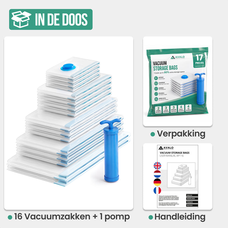Avalo Vacuumzakken Kleding en Dekbedden - 17 Delig - 5 Maten - Handpomp - Vacumeerzakken - Koffer - Geschikt voor Stofzuiger - Opbergzakken - Beddengoed