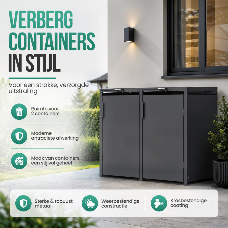 Avalo Kliko Ombouw 2 Vaks - Containerombouw voor 2 Containers - Afvalcontainer Ombouw Dubbel Metaal - Antraciet 7016 Containerberging