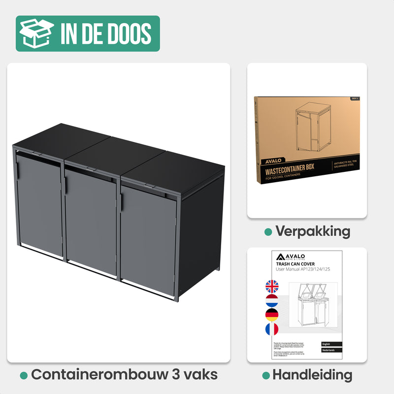 Avalo Kliko Ombouw 3 Vaks - Containerombouw voor 3 Containers - Afvalcontainer Ombouw Metaal - Antraciet 7016 Containerberging