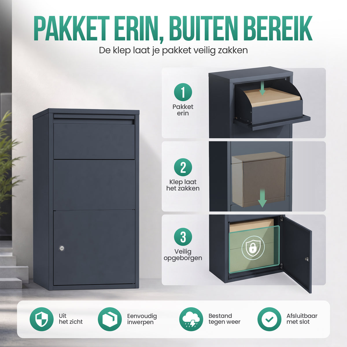 Avalo Pakketbrievenbus - Pakketkluis - Pakketbox Antraciet 44x22x82 CM - Afsluitbaar met Slot - Wandmontage of Vrijstaand