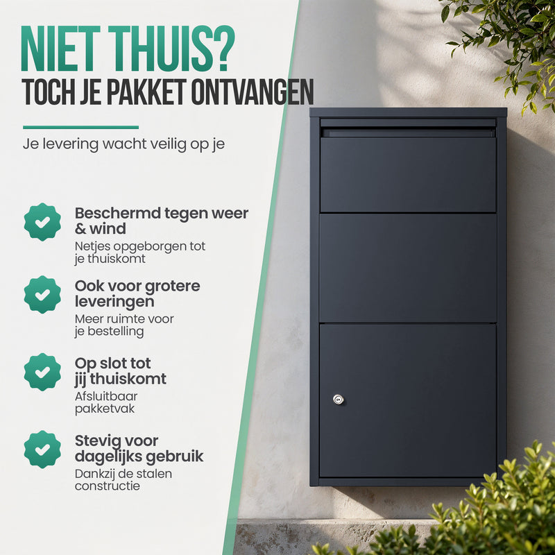 Avalo Pakketbrievenbus - Pakketkluis - Pakketbox Antraciet 44x22x82 CM - Afsluitbaar met Slot - Wandmontage of Vrijstaand
