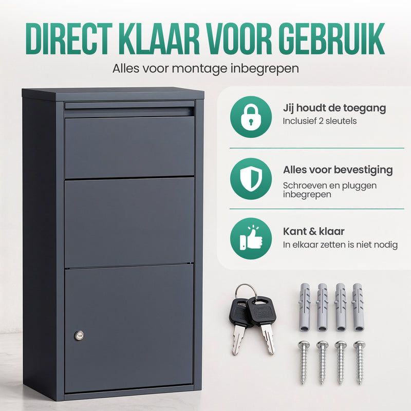 Avalo Pakketbrievenbus - Pakketkluis - Pakketbox Antraciet 44x22x82 CM - Afsluitbaar met Slot - Wandmontage of Vrijstaand