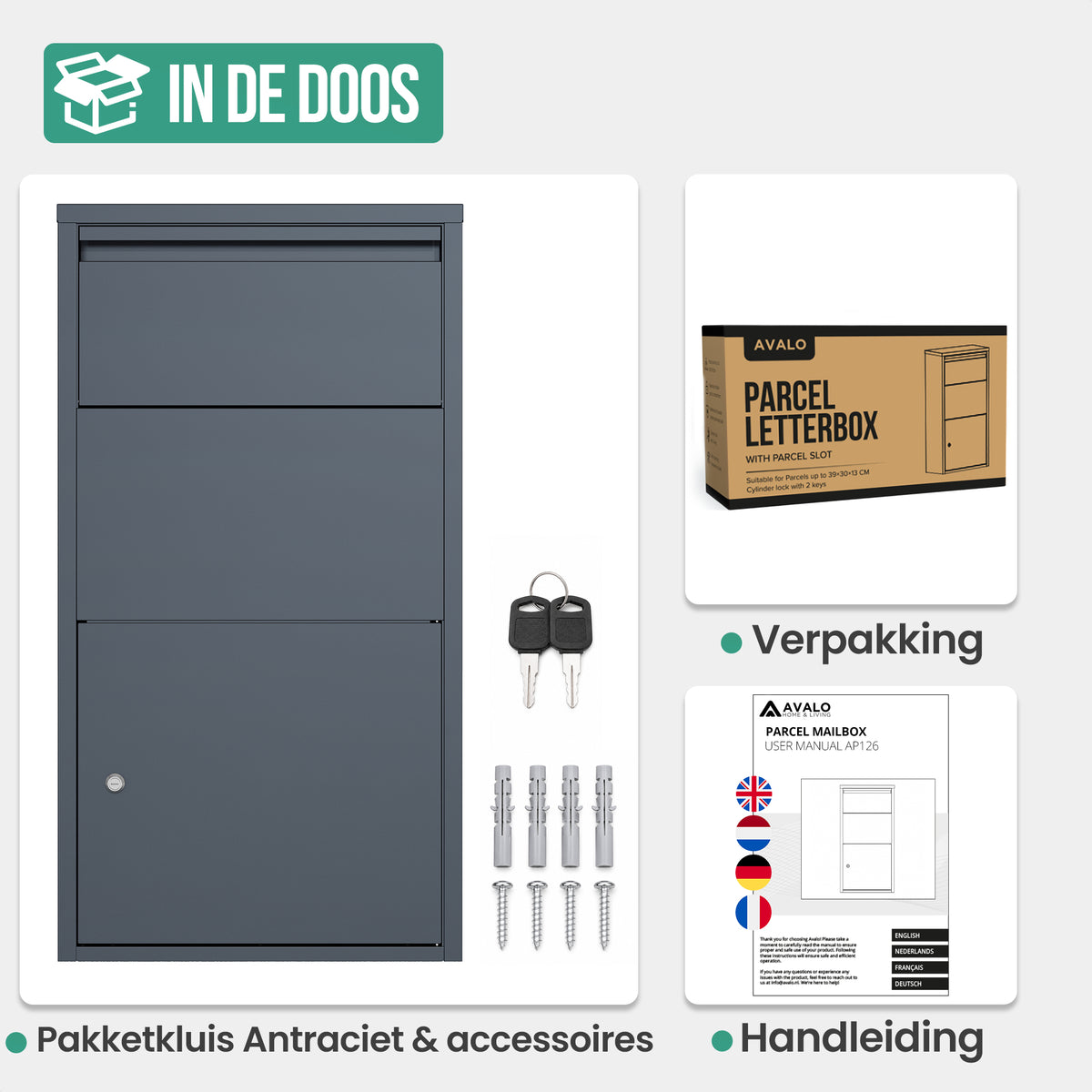 Avalo Pakketbrievenbus - Pakketkluis - Pakketbox Antraciet 44x22x82 CM - Afsluitbaar met Slot - Wandmontage of Vrijstaand