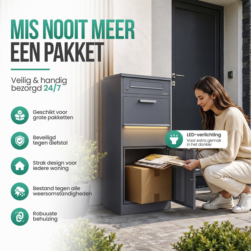 Avalo Pakketbrievenbus - Pakketkluis Met LED Verlichting voor Buiten - Pakketbox Antraciet - Afsluitbaar met Slot - Wandmontage of Vrijstaand