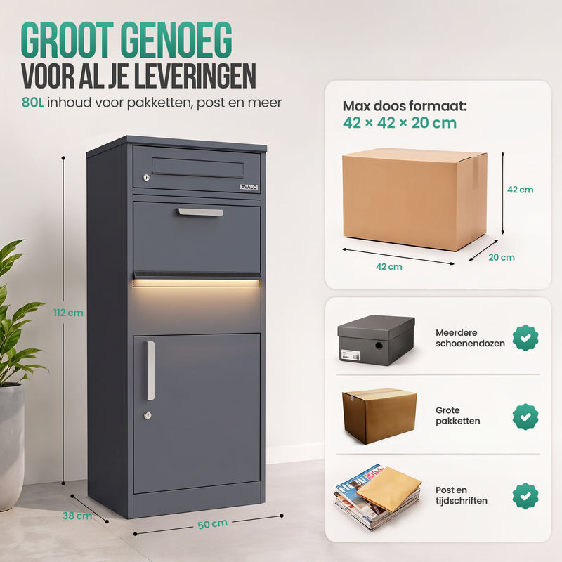 Avalo Pakketbrievenbus - Pakketkluis Met LED Verlichting voor Buiten - Pakketbox Antraciet - Afsluitbaar met Slot - Wandmontage of Vrijstaand
