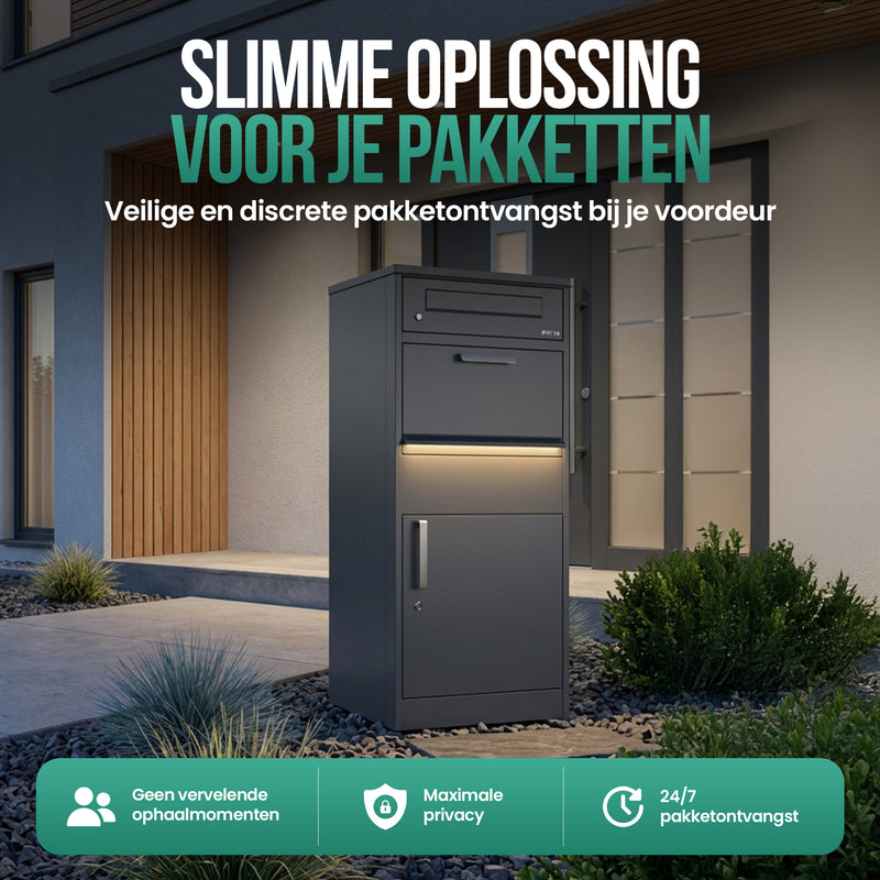 Avalo Pakketbrievenbus - Pakketkluis Met LED Verlichting voor Buiten - Pakketbox Antraciet - Afsluitbaar met Slot - Wandmontage of Vrijstaand