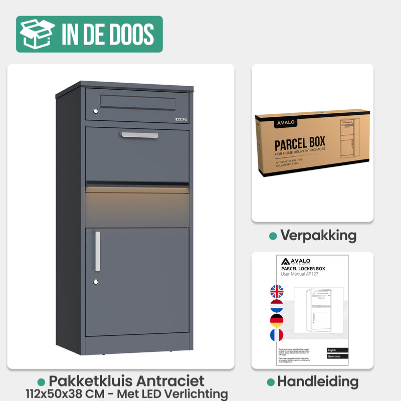 Avalo Pakketbrievenbus - Pakketkluis Met LED Verlichting voor Buiten - Pakketbox Antraciet - Afsluitbaar met Slot - Wandmontage of Vrijstaand