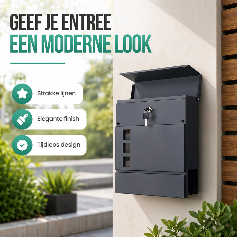 Avalo Brievenbus - Met slot en apart krantenvak - Wandbrievenbus - 3 kijkvensters - Antraciet - Inclusief montagemateriaal
