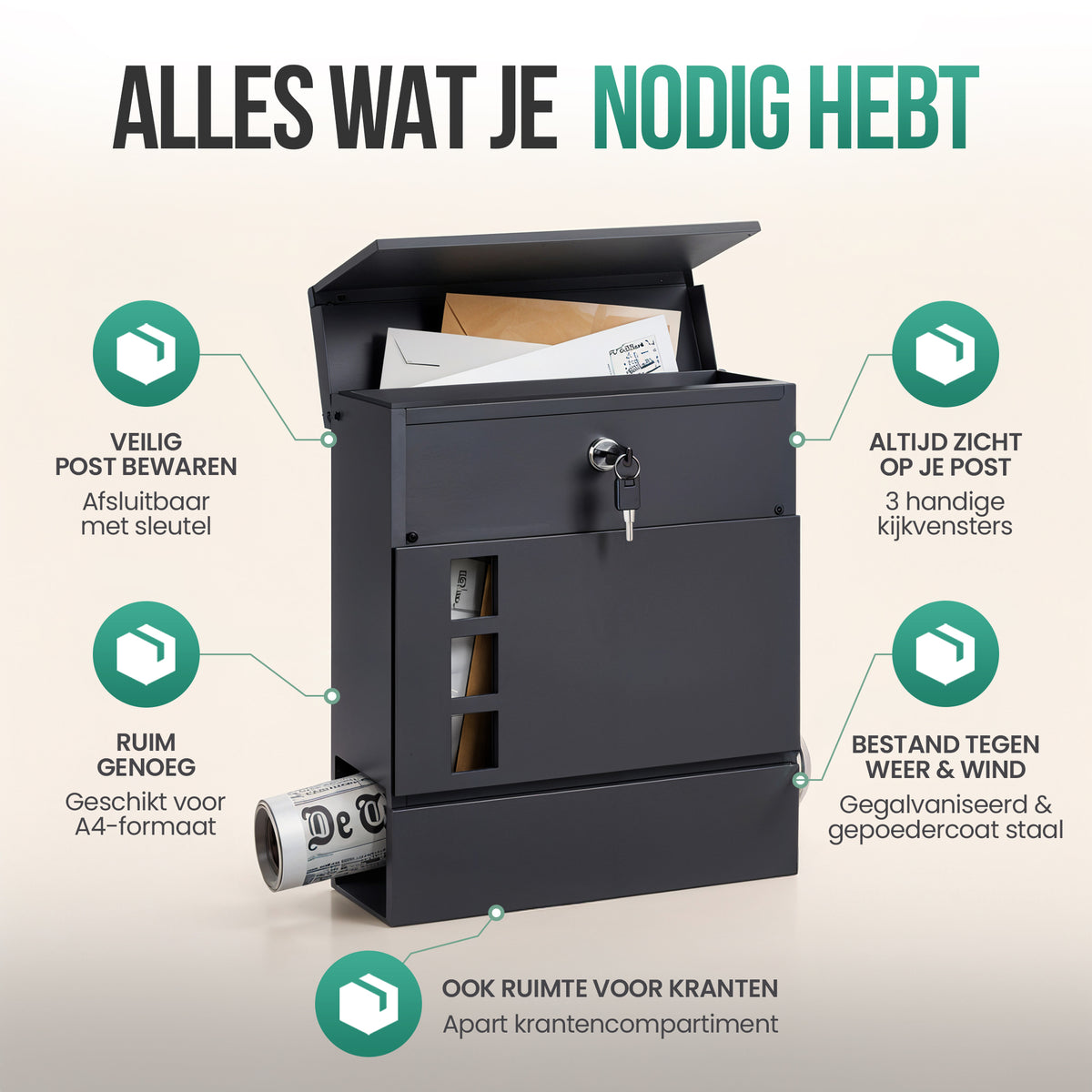 Avalo Brievenbus - Met slot en apart krantenvak - Wandbrievenbus - 3 kijkvensters - Antraciet - Inclusief montagemateriaal