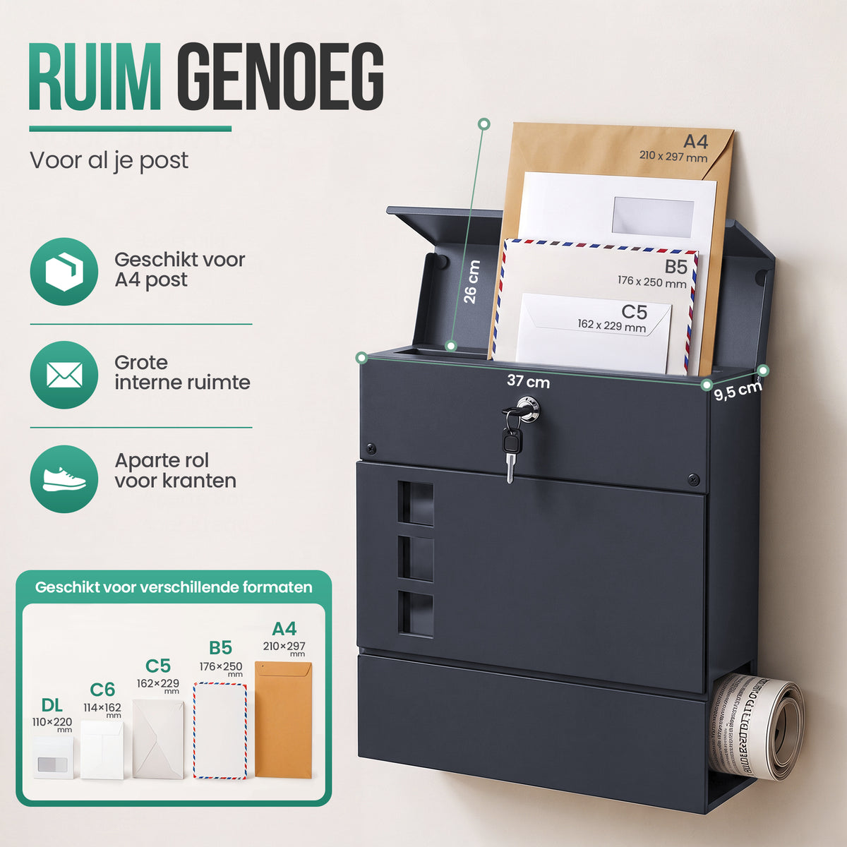 Avalo Brievenbus - Met slot en apart krantenvak - Wandbrievenbus - 3 kijkvensters - Antraciet - Inclusief montagemateriaal