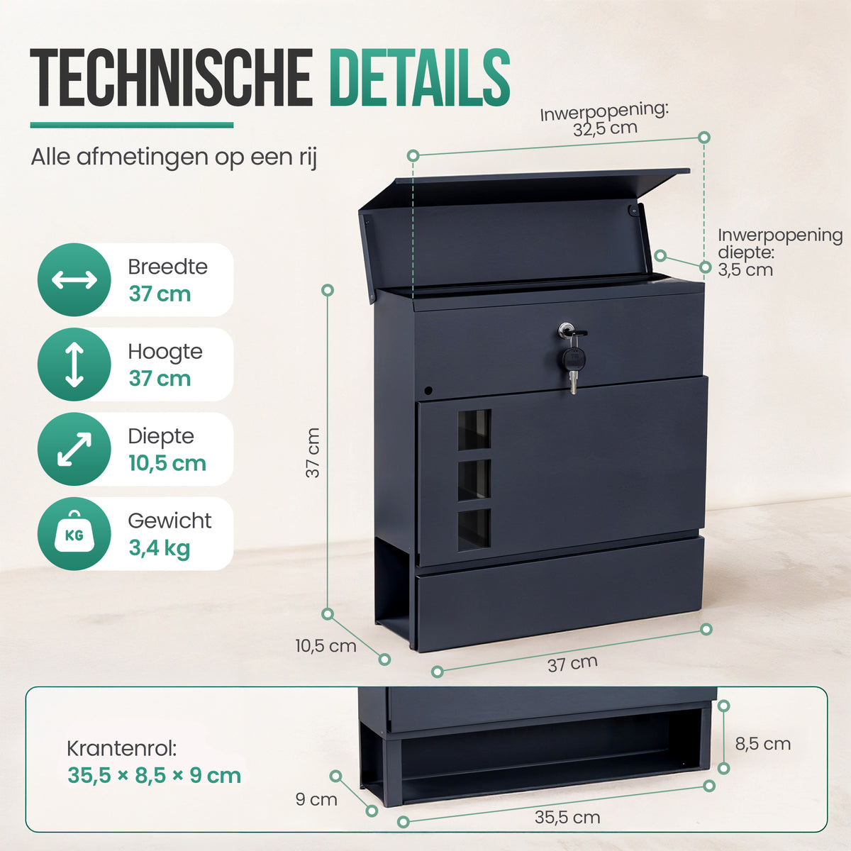Avalo Brievenbus - Met slot en apart krantenvak - Wandbrievenbus - 3 kijkvensters - Antraciet - Inclusief montagemateriaal