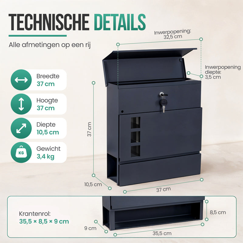 Avalo Brievenbus - Met slot en apart krantenvak - Wandbrievenbus - 3 kijkvensters - Antraciet - Inclusief montagemateriaal