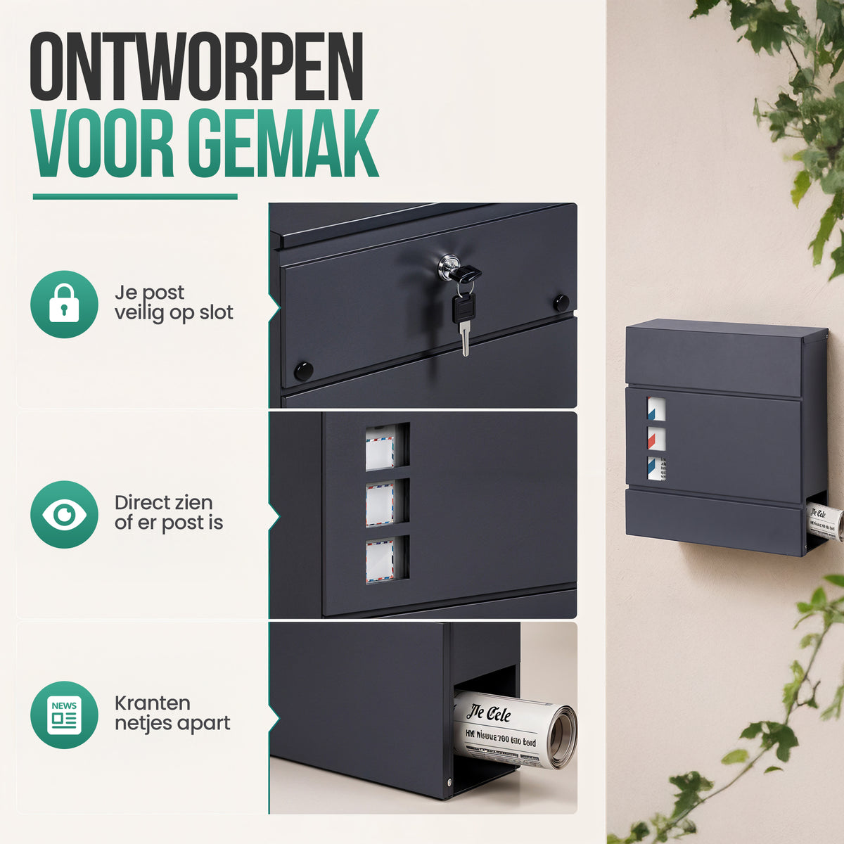 Avalo Brievenbus - Met slot en apart krantenvak - Wandbrievenbus - 3 kijkvensters - Antraciet - Inclusief montagemateriaal