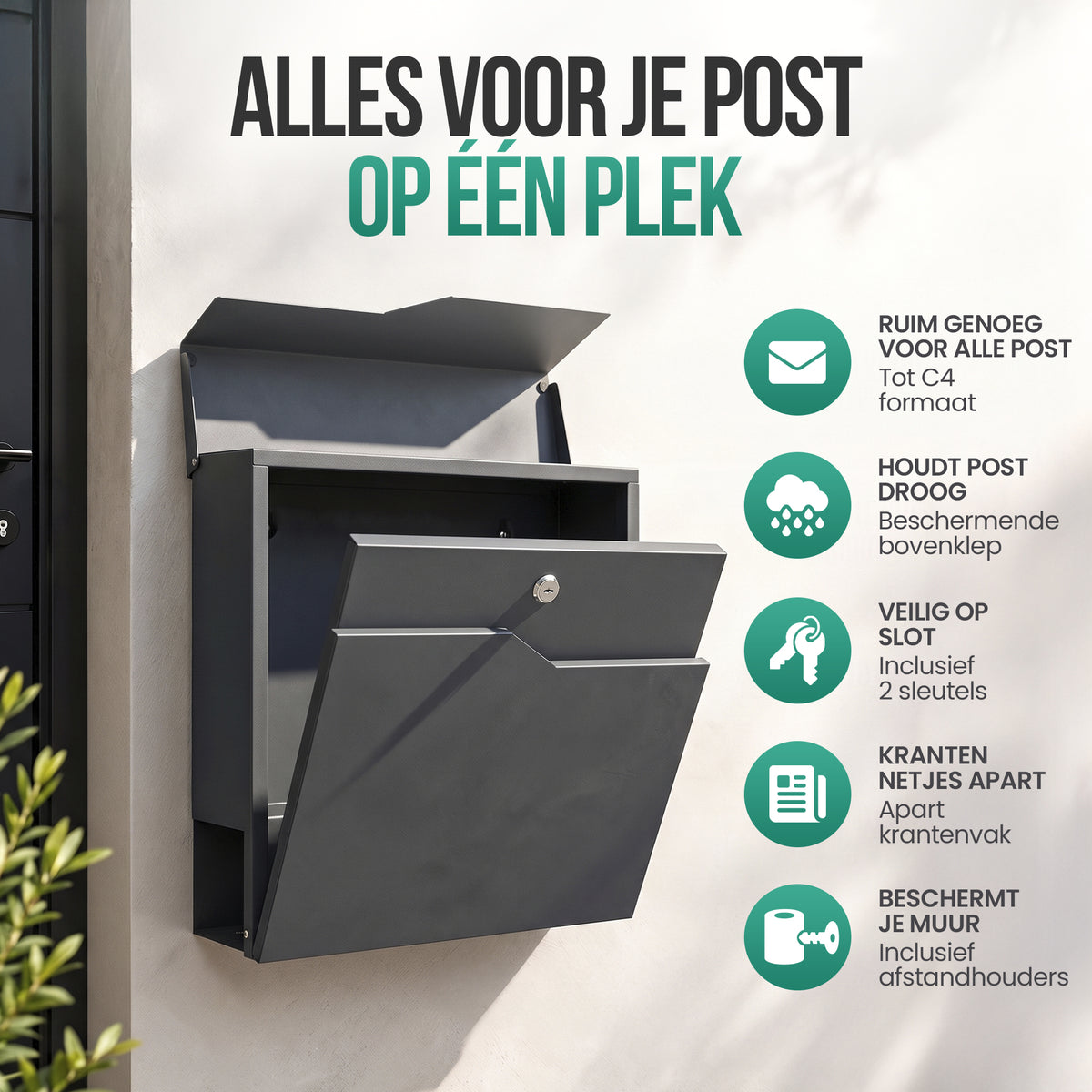Avalo Brievenbus - Met slot en apart krantenvak – Wandbrievenbus - Antraciet - Inclusief montagemateriaal & 2 sleutels