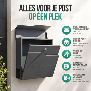 Avalo Brievenbus - Met slot en apart krantenvak – Wandbrievenbus - Antraciet - Inclusief montagemateriaal & 2 sleutels