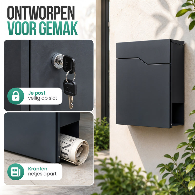 Avalo Brievenbus - Met slot en apart krantenvak – Wandbrievenbus - Antraciet - Inclusief montagemateriaal & 2 sleutels