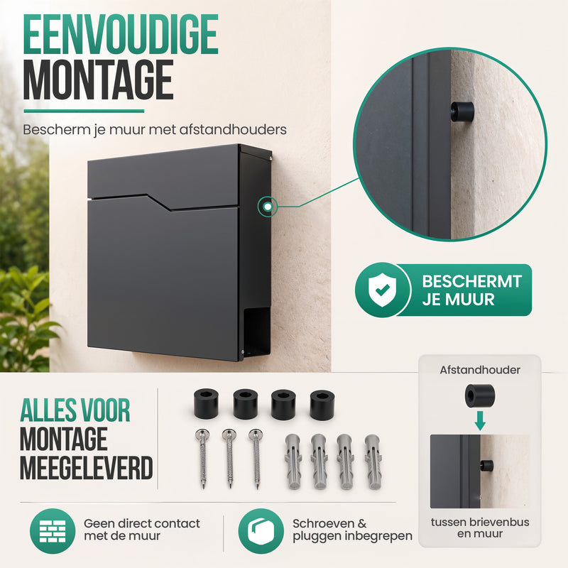 Avalo Brievenbus - Met slot en apart krantenvak – Wandbrievenbus - Antraciet - Inclusief montagemateriaal & 2 sleutels