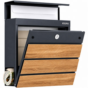 Avalo Brievenbus Antraciet Met Houtlook RVS - Met Krantenvak en Slot - Incl. Montagemateriaal & 2 Sleutels