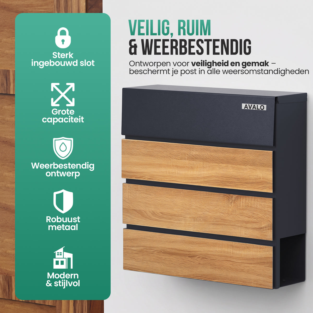 Avalo Brievenbus Antraciet Met Houtlook RVS - Met Krantenvak en Slot - Incl. Montagemateriaal & 2 Sleutels