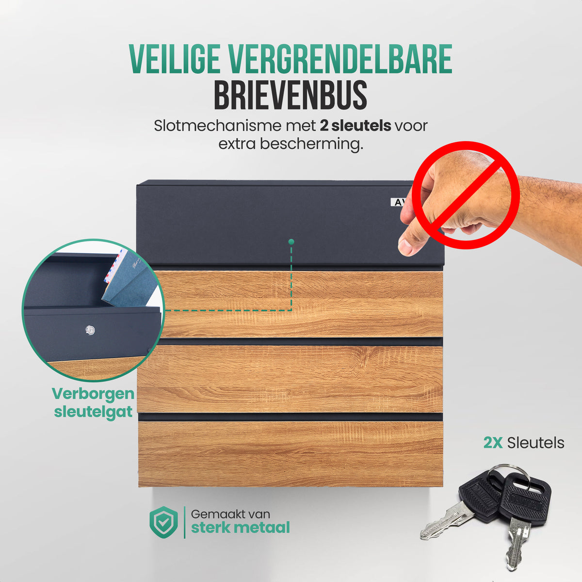 Avalo Brievenbus Antraciet Met Houtlook RVS - Met Krantenvak en Slot - Incl. Montagemateriaal & 2 Sleutels