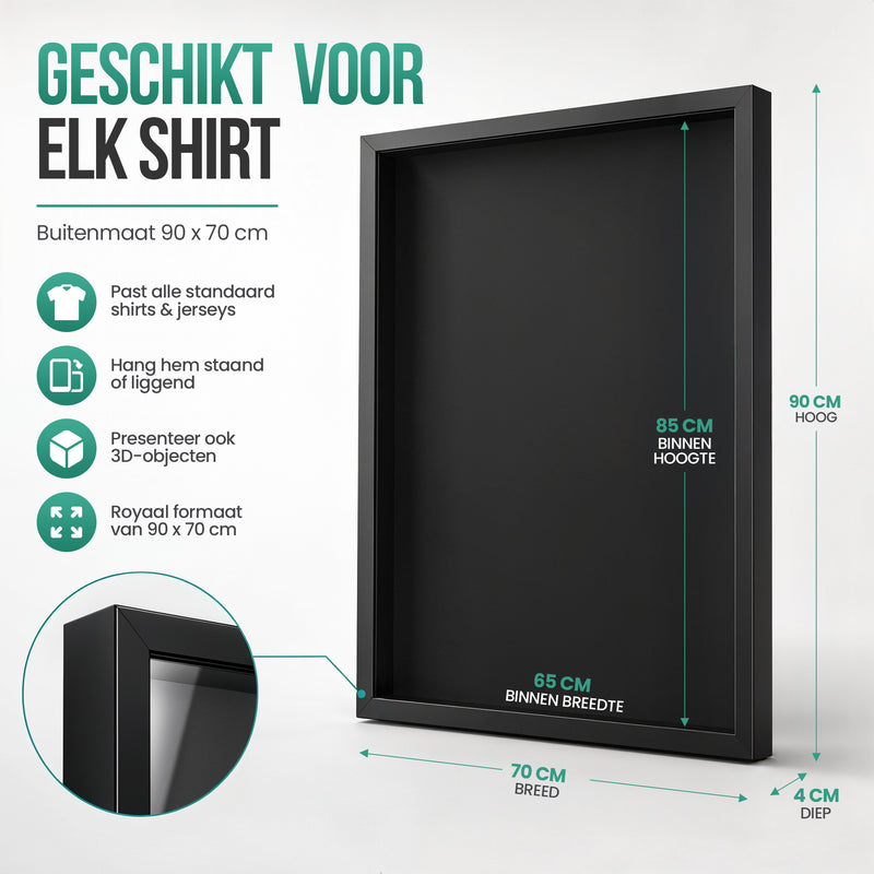 Avalo Wissellijst Hout - Inlijsten Voetbal Shirt - 3D Box Frame - 90x70 CM - Zwart - Diepe fotolijst - Shirt Inlijsten In Fotolijstje