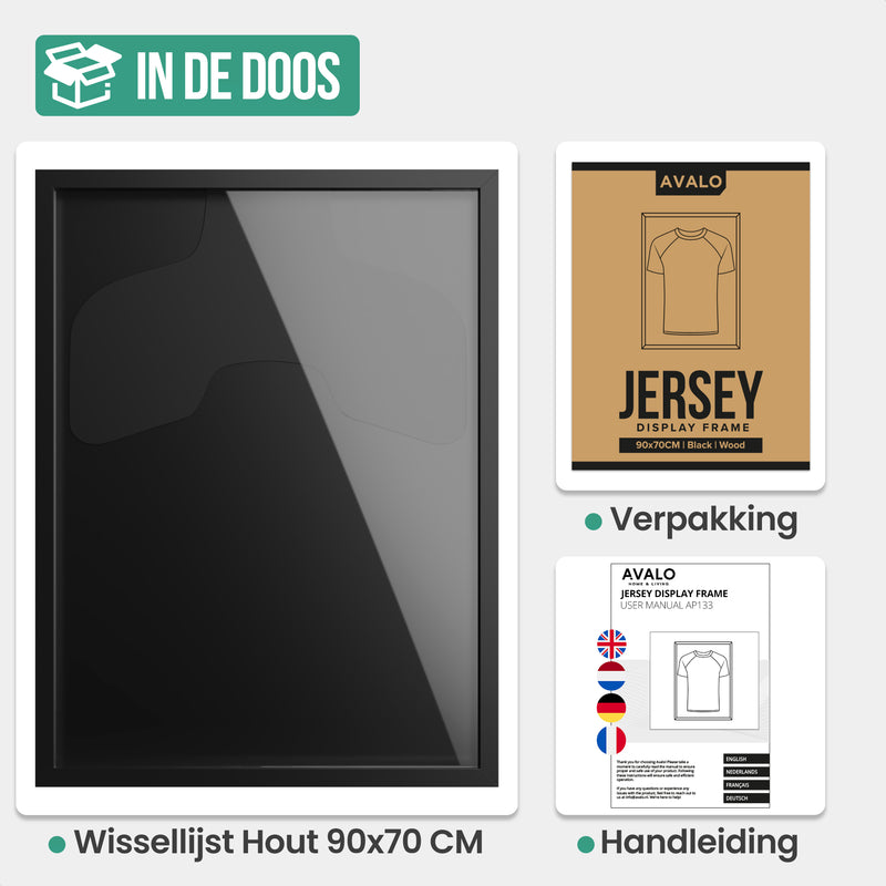 Avalo Wissellijst Hout - Inlijsten Voetbal Shirt - 3D Box Frame - 90x70 CM - Zwart - Diepe fotolijst - Shirt Inlijsten In Fotolijstje