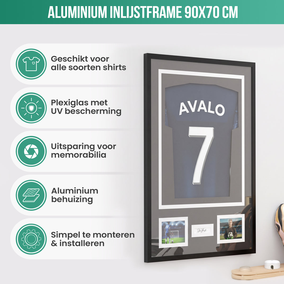 Avalo Wissellijst Aluminium - Inlijsten Voetbal Shirt - 3D Box Frame - 90x70 CM - Zwart - Diepe fotolijst - Shirt Inlijsten In Fotolijstje
